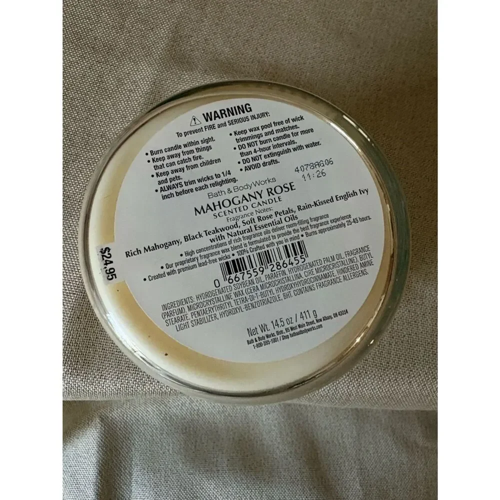 Bath & Body Works Mahogany Rose 3 Wick Candle New in Box - Picture 5 of 8